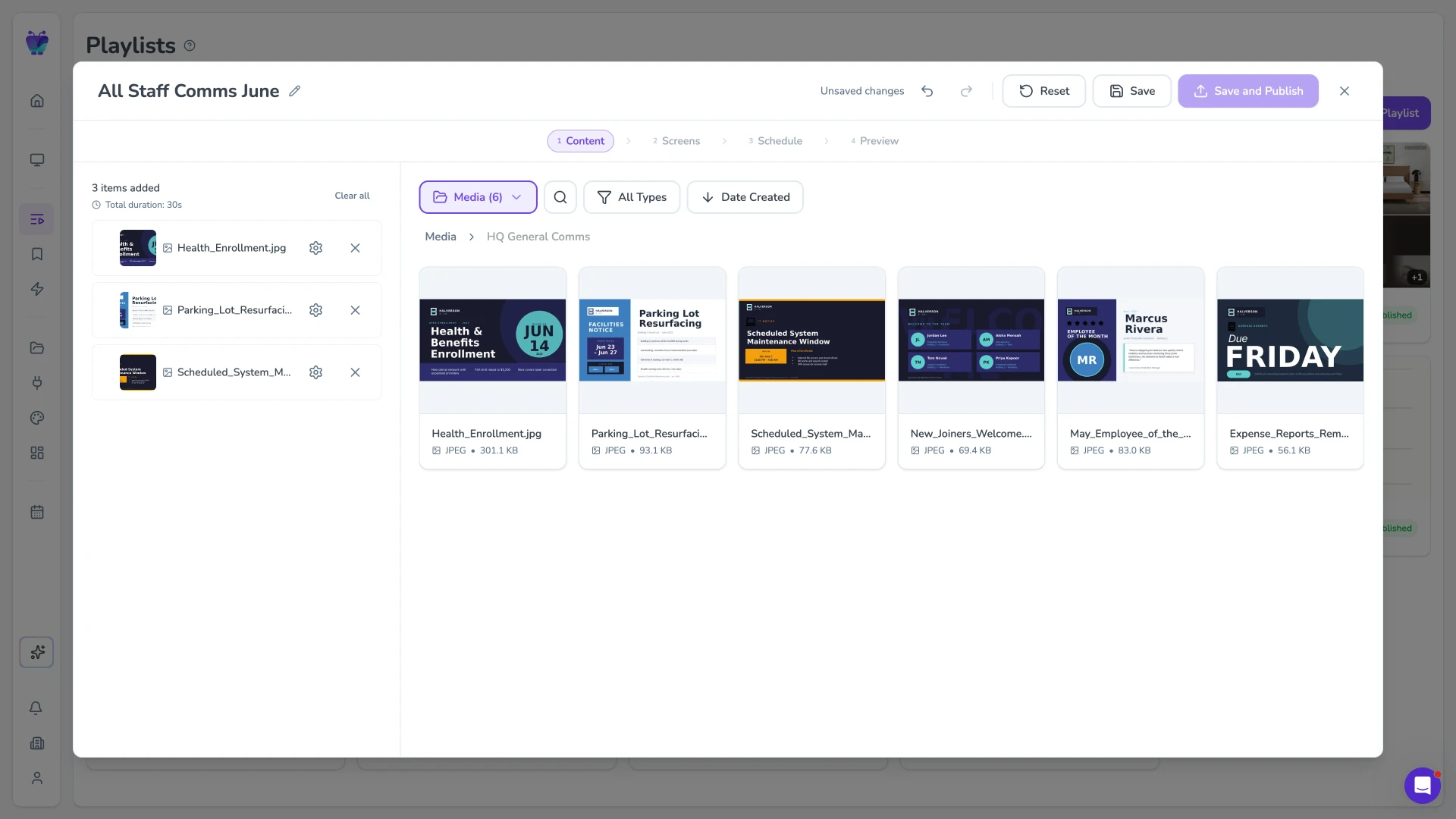 Fugo playlist builder combining a calendar with notices and branding