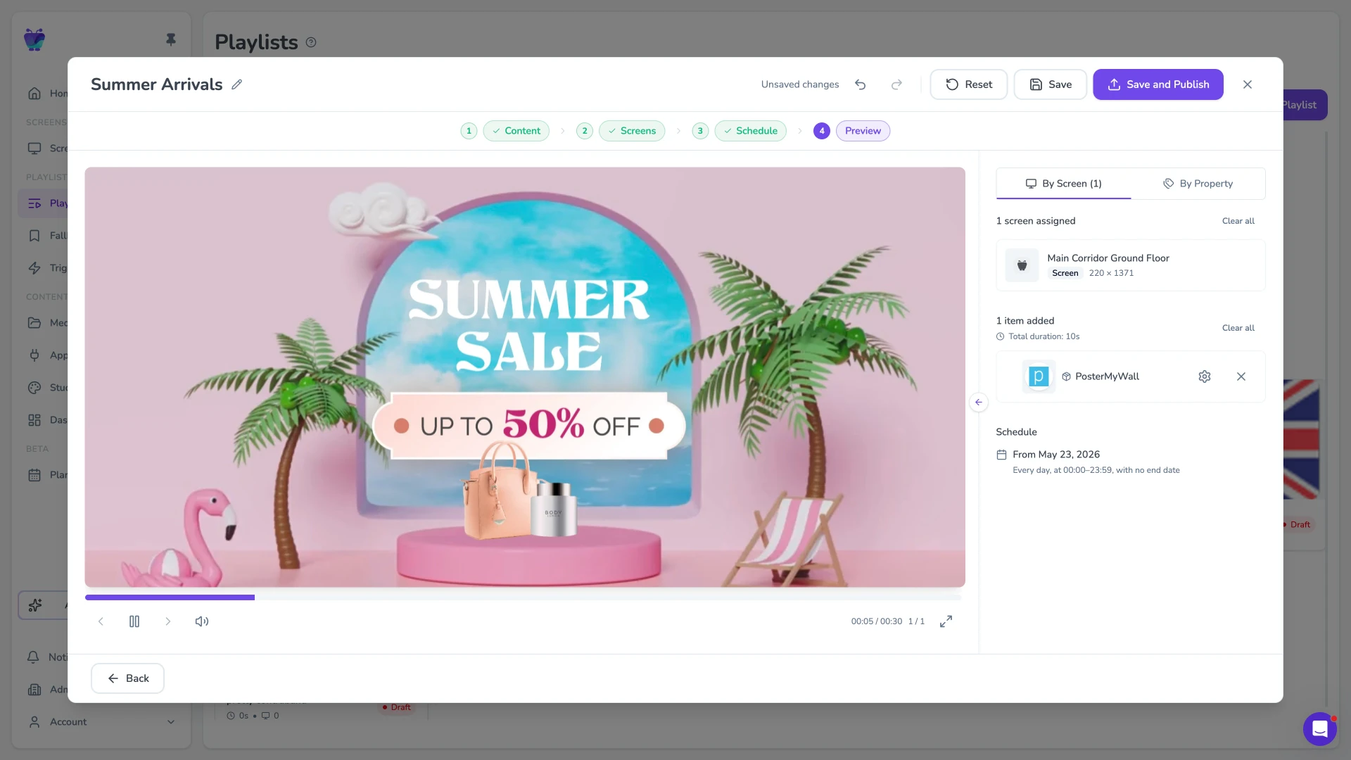 Fugo CMS playlist preview showing a PosterMyWall Summer Sale design assigned to a screen alongside other content