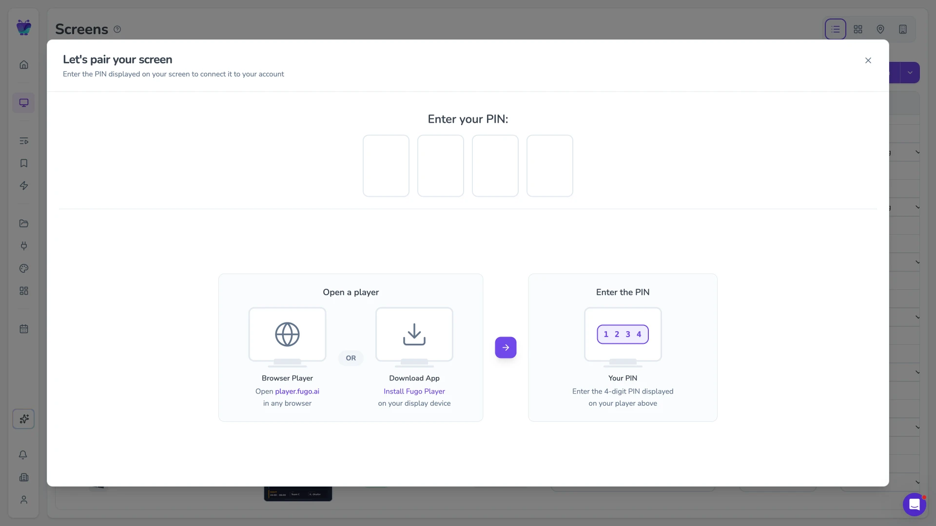 Fugo CMS pairing modal with PIN code input
