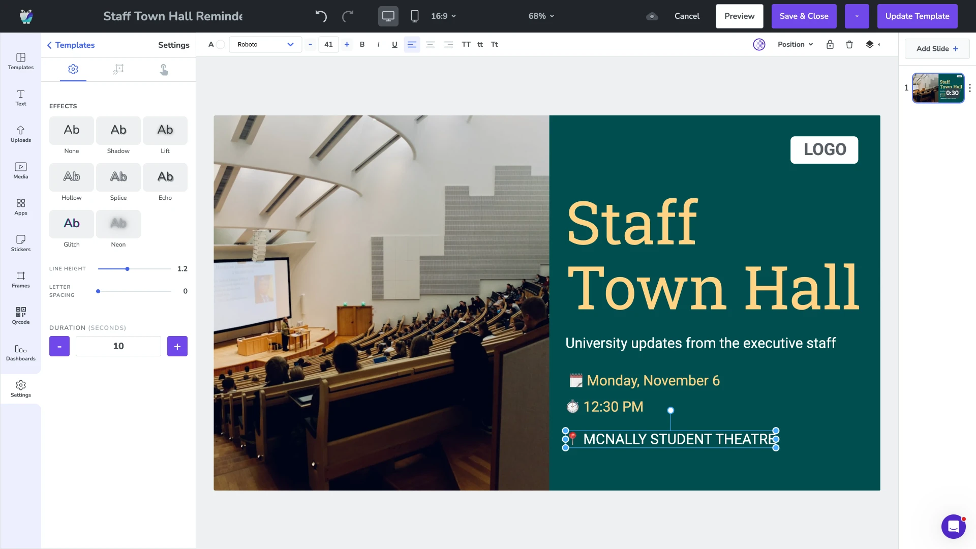 Fugo Design Studio showing an education-themed campus slide being designed
