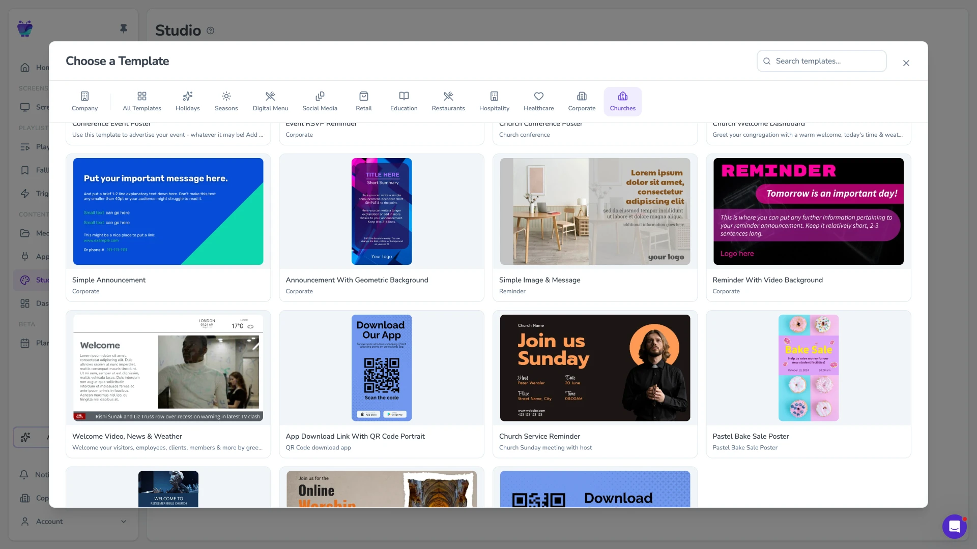 Fugo Design Studio church template gallery for welcome and announcement slides