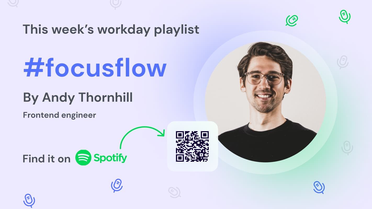A digital signage template shows a photo of a male employee along with a message to follow the employee's Spotify playlist via the QR code on the slide.