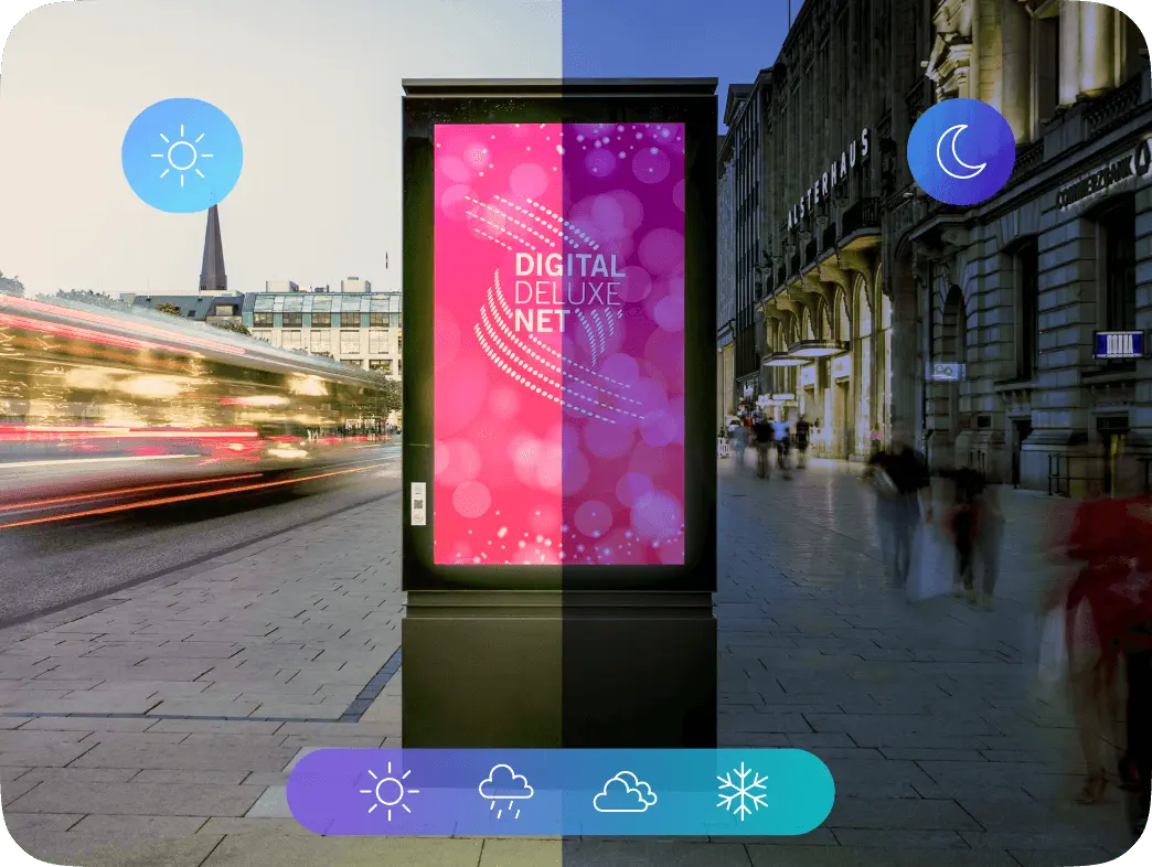 An outdoor digital signage screen displays an advertisement on a street where people are walking by. Icons overlaying the image indicate sunlight vs darkness and various weather conditions such as rain and snow.