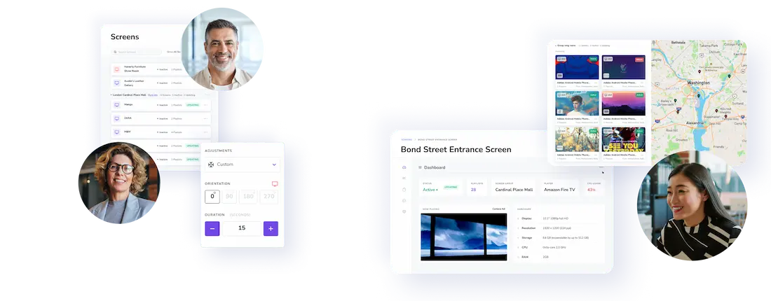 A UI element screenshot of the Fugo platform depicts the digital signage screen monitoring function of Fugo.