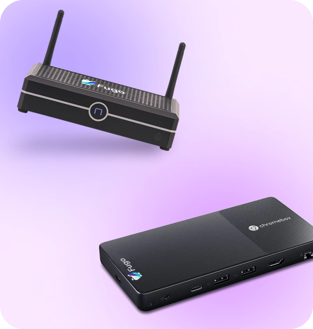 Two digital signage players face the reader. One is a black NUC and the other is a black Chromebox Micro.