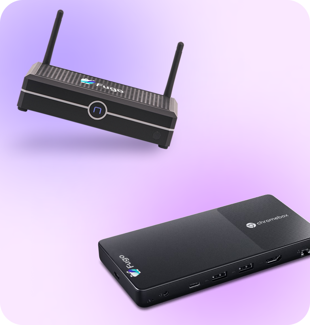 Two digital signage players face the reader. One is a black NUC and the other is a black Chromebox Micro.