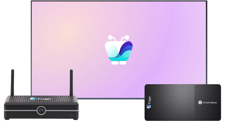A digital signage display shows the Fugo logo on top of a pink gradient background. In front of the screen is the Fugo digital signage player.